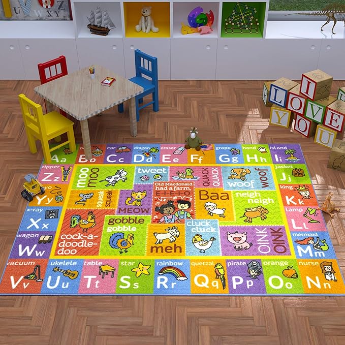 KC Cubs Kids Rug, Baby Play Mat ABC Alphabet with Animals Old MacDonald Educational Learning Game Play Area Non Slip Baby Girl & Boy Carpet for Children Bedroom Toddler Playroom Floor Mat Nursery Rug