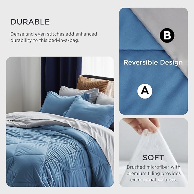 Bedsure Blue Twin Comforter Set - 5 Pieces Reversible Blue Bedding Set Twin, Blue Extra Long Bed Set with Comforters, Sheets, Pillowcase & Sham