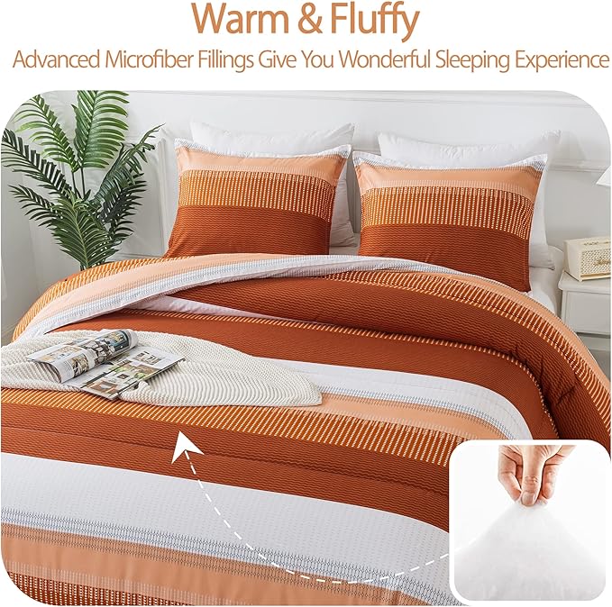 Andency Stripe Comforter Set King Size (104x90 Inch), 3 Pieces Terracotta Patchwork Striped Comforter, Soft Microfiber Down Alternative Comforter Bedding Set with Corner Loops