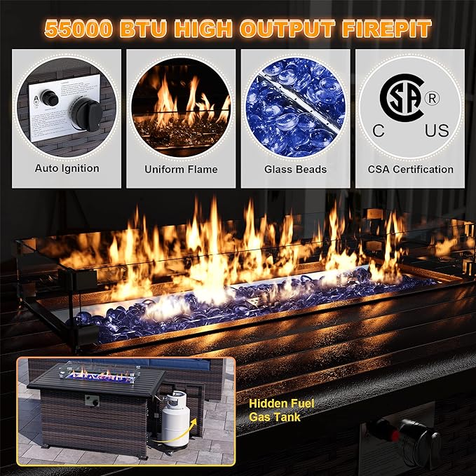 Patio Furniture Set with Fire Pit Table 15 PCS Outdoor Sectional Furniture Outdoor Rattan Patio Conversation Sets with 43in 55,000 BTU Propane Gas Fire Pit Table Glass Table, Blue