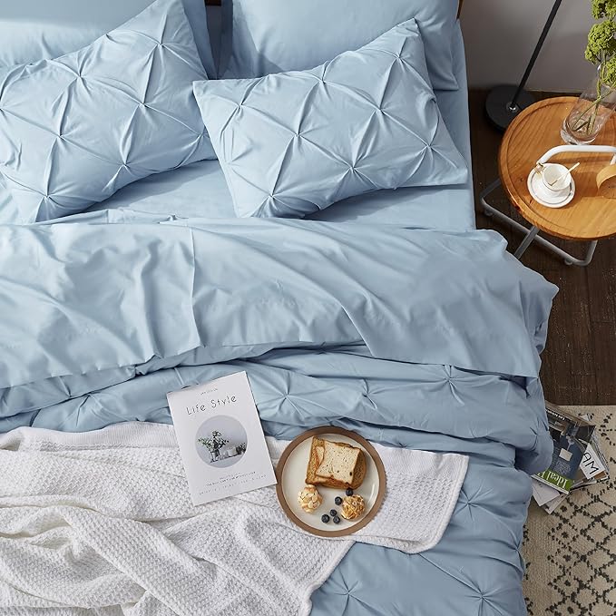 Bedsure Blue Comforter Set Queen - Bed in a Bag Queen 7 Pieces, Pintuck Bedding Sets Light Blue Bed Set with Comforter, Sheets, Pillowcases & Shams