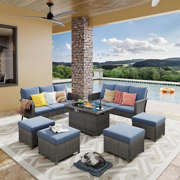 Yechen Patio Conversation Set 10 Seats with 44" Propane Gas Fire Pit Table - 7 Pcs Outdoor Wicker Furniture Set with Lid & Wind Shields - Sectional Sofa Set for Porch,Backyard