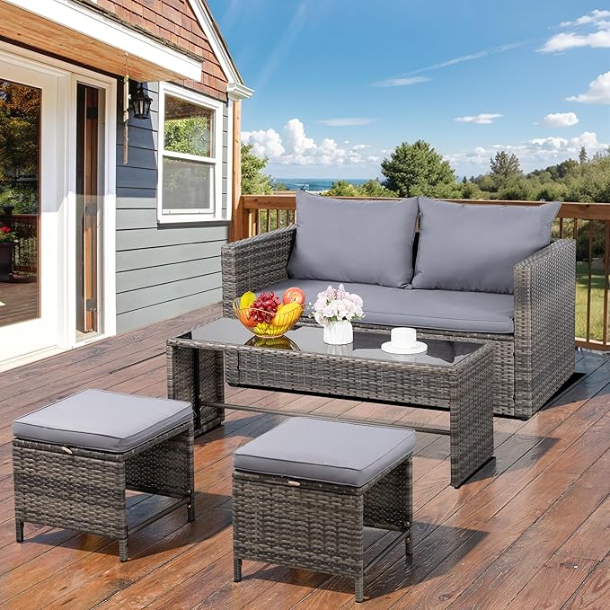 Shintenchi Patio Furniture 4 Pieces Wicker Patio Furniture Sets,Outdoor Wicker Conversation Set Rattan Sectional Sofa with Cushions&Coffee Table for Backyard Porch Garden Poolside Balcony,Gray