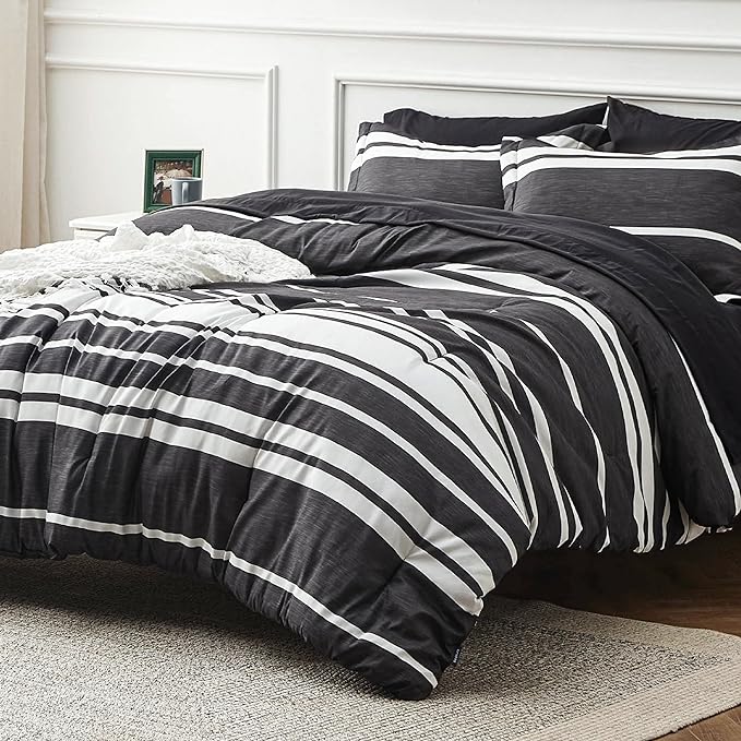 Bedsure Bed in a Bag Twin Size 5 Pieces, Black White Striped Bedding Comforter Sets All Season Bed Set with 1 Pillow Sham, Flat Sheet, Fitted Sheet and 1 Pillowcase