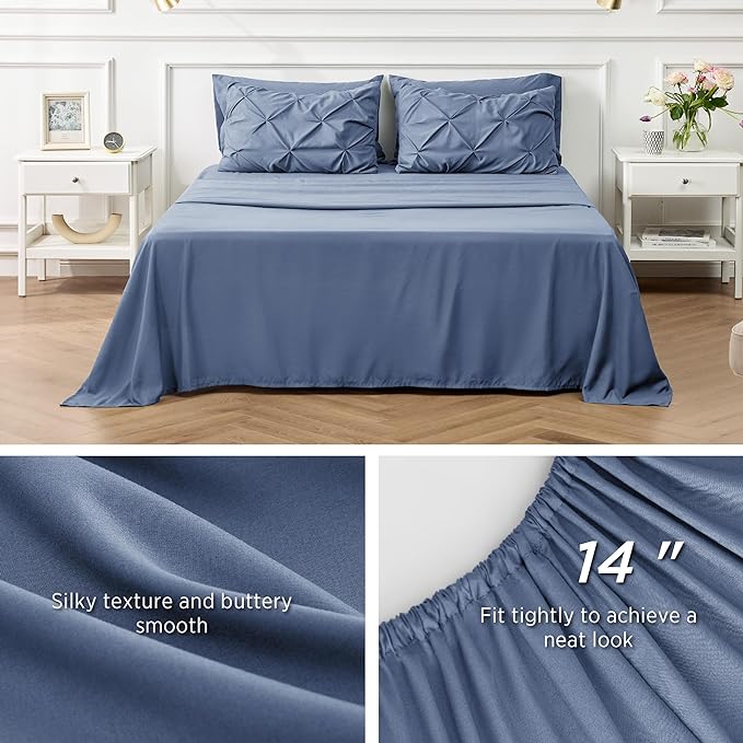 Bedsure California King Comforter Set Slate Blue - Cal King Bed Set 7 Pieces, Pinch Pleat Cali King Bedding Set with Comforter, Sheets, Pillowcases & Shams
