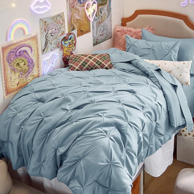 Bedsure Twin XL Comforter Set for Boys - Extra Long 5 Pieces Dorm Bedding Sets, Pinch Pleat Light Blue Bed in a Bag with Comforter, Sheets, Pillowcase & Sham