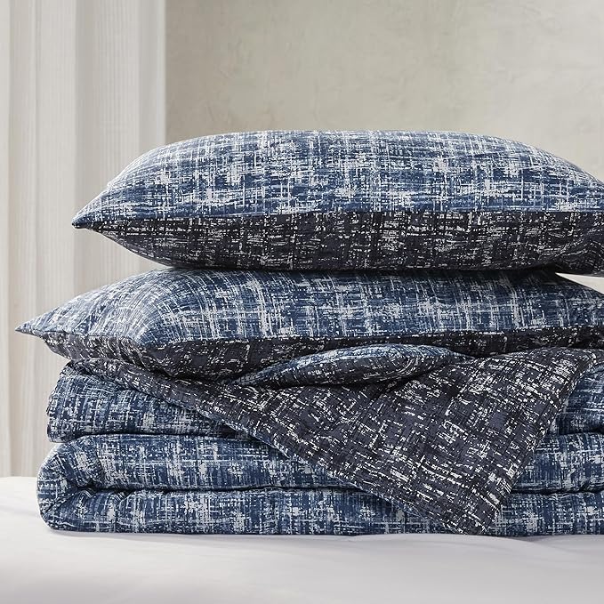 Hyde Lane Blue Full/Queen Comforter Set for Men, Modern Farmhouse Aesthetic Soft Bedding, Masculine Plaid Lines Pattern Bed Sets for All Season, 3 Pieces includes 1 Comforter, 2 Shams (90"x 90")