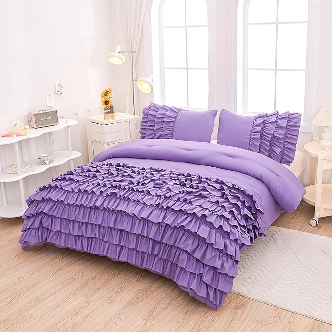 Girls Comforter Set Queen, Lavender Ruffle Bedding Set Queen, Purple Comforter Sets for Queen Size Bed with Sheets, Girls Queen Bedroom Comforter Set