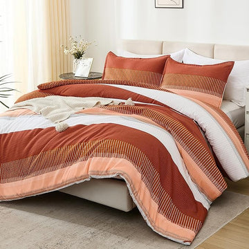 Litanika Burnt Orange California King Comforter Set - 3 Pieces Boho Terracotta Cal King Oversized Lightweight Summer Rust Colorblock Stripe Bedding Set (104x96In, 2 Pillowcases)