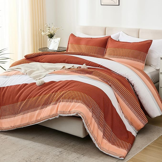Litanika Burnt Orange California King Comforter Set - 3 Pieces Boho Terracotta Cal King Oversized Lightweight Summer Rust Colorblock Stripe Bedding Set (104x96In, 2 Pillowcases)