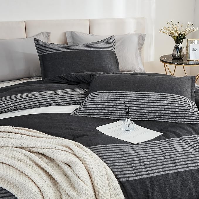 Litanika California King Comforter Set Black White Grey - 3 Pieces Cal King Oversized Lightweight Colorblock Stripe Bedding Set (104x96In, 2 Pillowcases)