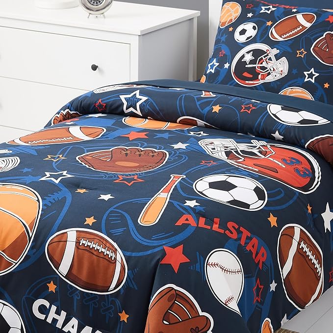 Sports Ball Games Twin Comforter Set with Sheets - 5 Pieces Kids Twin Bedding Sets for Boys, Glow in The Dark Baseball Basketball Football Soccer Twin Bed in a Bag for Kids, Teens