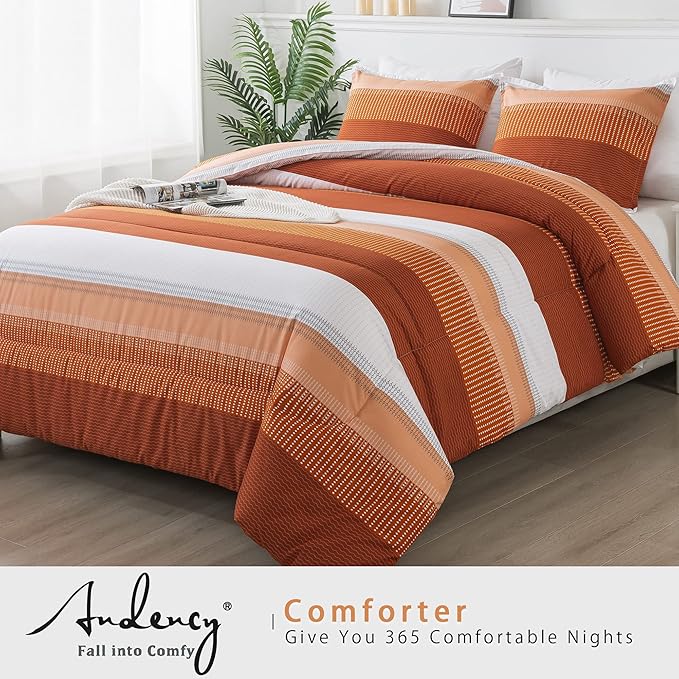 Andency Stripe Comforter Set King Size (104x90 Inch), 3 Pieces Terracotta Patchwork Striped Comforter, Soft Microfiber Down Alternative Comforter Bedding Set with Corner Loops