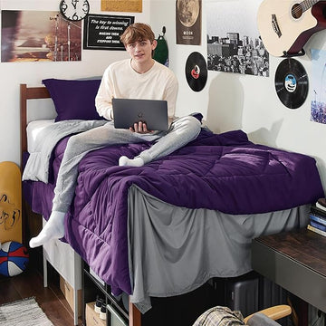 Bedsure Purple Twin XL Comforter Sets - 5 Pieces Reversible Twin XL Bedding Sets, Bed Sets Comforters, Sheets, Pillowcase & Sham, Grey XL Twin Bed in a Bag for College