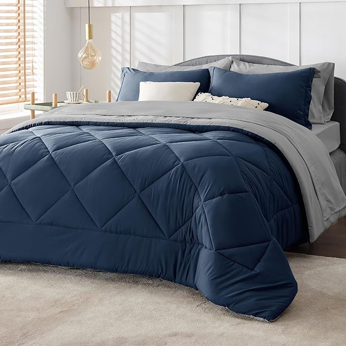 Bedsure Navy Comforter Set King - 7 Pieces Reversible King Navy Bed in a Bag, Bed Sets King with Comforters, Sheets, Pillowcases & Shams, Navy King Bedding Set