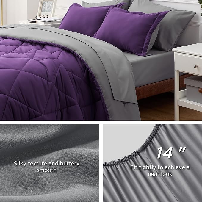 Bedsure Purple King Comforter Set - 7 Pieces Reversible Bed Set Bed in a Bag King with Comforters, Sheets, Pillowcases & Shams, King Bedding Sets