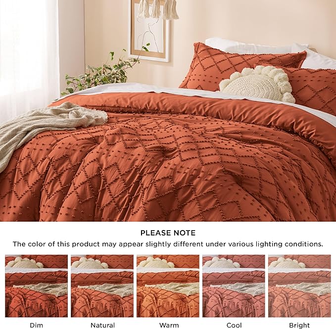 Bedsure Full Size Comforter Set - Terracotta Comforter, Boho Tufted Shabby Chic Bedding Comforter Set, 3 Pieces Vintage Farmhouse Bed Set for All Seasons, Fluffy Bedding Set with 2 Pillow Shams