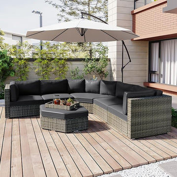 Patio 7-Piece Set, Half-Moon Curved Sectional Sofa Outdoor Rattan Furniture with Ottoman and No-Slip Cushions for Balcony, Porch, Garden, Zc-Grey