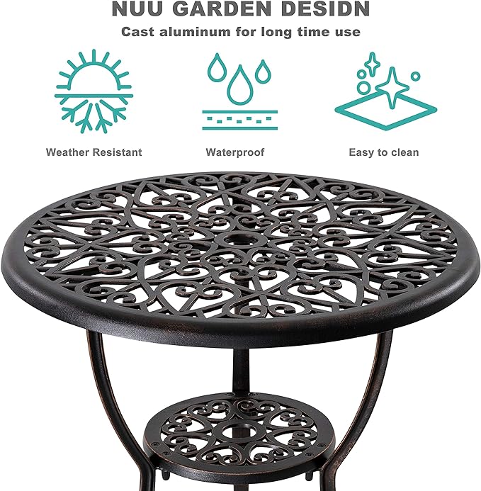 NUU GARDEN Bistro Set 3 Piece Outdoor All Weather Cast Aluminum Patio Bistro Set Patio Table and Chairs Set of 2 with Umbrella Hole for Backyard, Balcony, Front Porch, Lawn, Pool, Bronzer