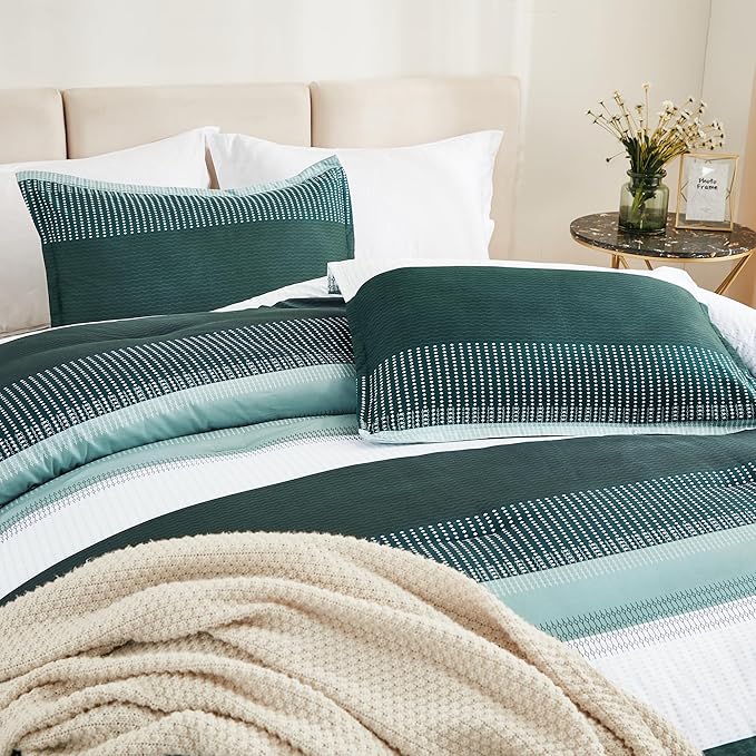 Litanika Dark Emerald Green Bed Comforter Queen Set, 3 Pieces Forest Bedding Set, Double Colorblock Stripe Vintage Bed Set (90x90Comforter, 2 Pillowcases)