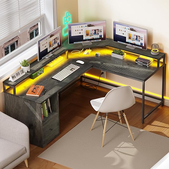 YITAHOME L Shaped Desk with Power Outlets & LED Lights, 67" Computer Desk with File Drawer, Corner Desk Home Office Desk with Monitor Stand & 3 Cubbies Storage Shelves, Grey