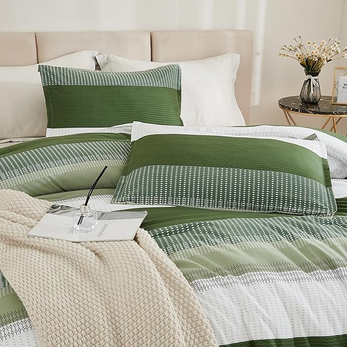 Litanika Olive Green Comforter Set Full - 3 Pieces Lightweight Olive Green White Colorblock Stripe Fluffy Bedding Comforter Sets, All Season Bed Set