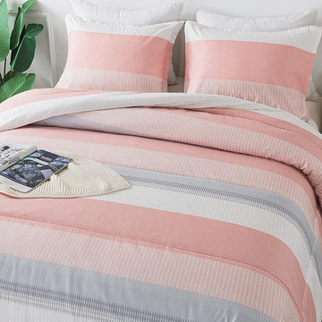 Andency Stripe Comforter Set Full Size (79x90 Inch), 3 Pieces Pink Patchwork Striped Comforter, Soft Microfiber Down Alternative Comforter Bedding Set with Corner Loops