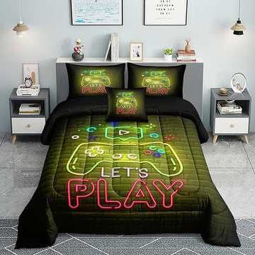 6 PCS Gamer Bedding Sets,Gaming Comforter Set for Boys,Kids Bedding Sets for Boys,Full Size Bedding Sets for Boys,Bed in A Bag with Sheets(Full,Yellow Color)