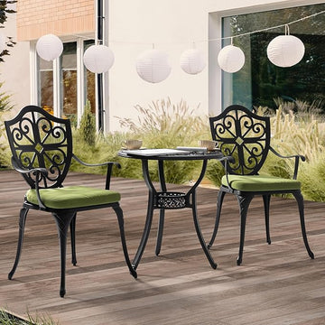 NUU GARDEN 3 Piece Outdoor Bistro Set Cast Aluminum Patio Set Bistro Table Set Rustproof Patio Table and Chairs with Umbrella Hole and Green Cushions for Backyard, Balcony, Porch, Black