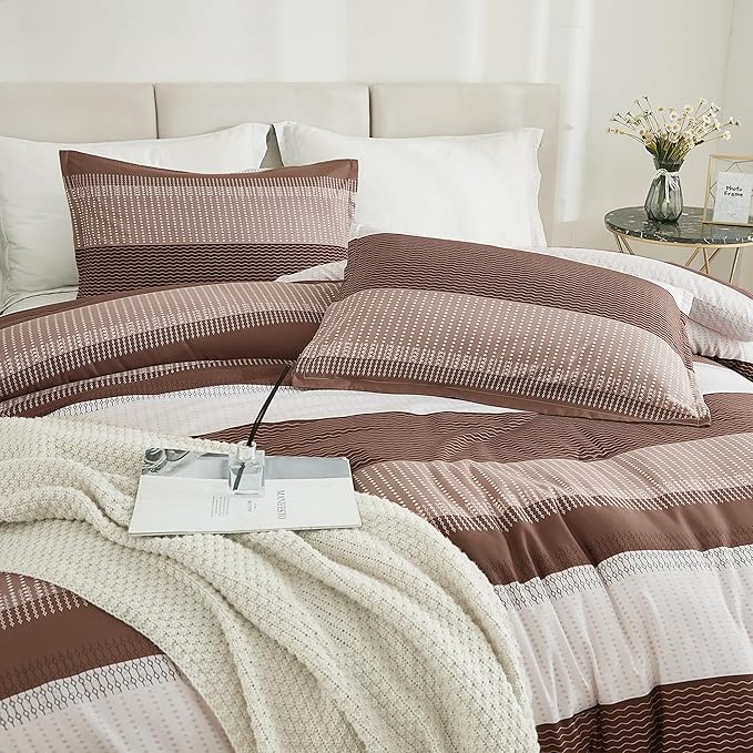 Litanika Brown Comforter Set Queen - 3 Pieces Lightweight Brown White Colorblock Stripe Fluffy Bedding Comforter Sets, All Season Bed Set