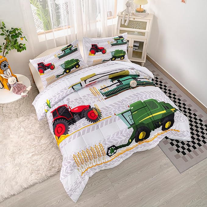 CVHOUSE Tractor Bedding Sets for Boys,Excavators Comforter Queen,Boys Cartoon Truck Comforter Set,Trucks Tractors Cars Quilt Set with 1 Comforter and 2 Pillow Cases- 3 Piece
