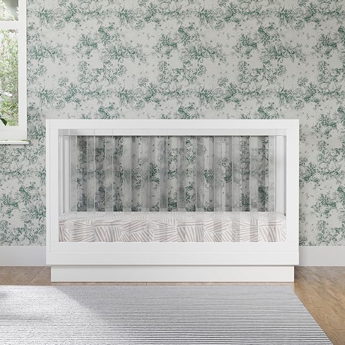 Babyletto Harlow Acrylic 3-in-1 Convertible Crib with Toddler Bed Conversion Kit in White with Acrylic Slats, Greenguard Gold Certified
