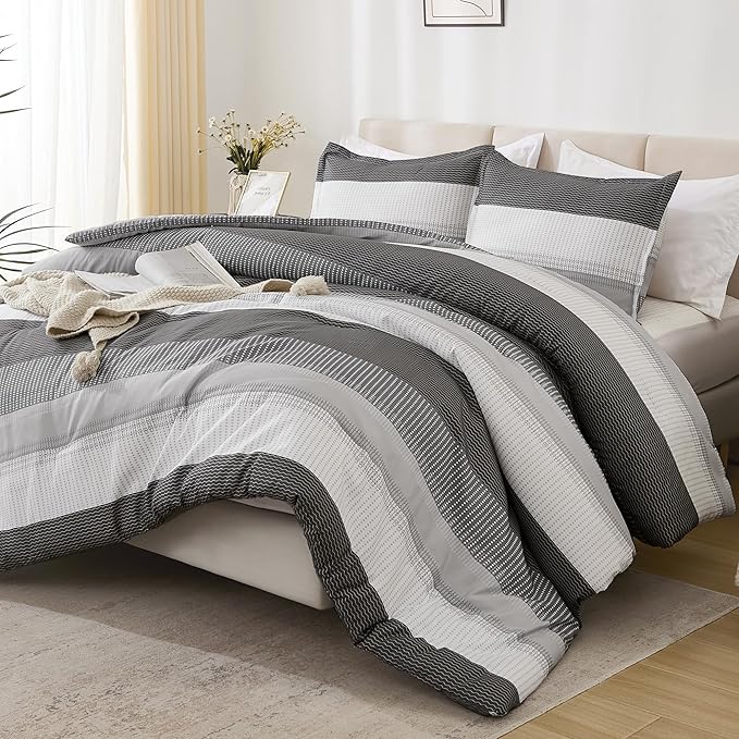 Litanika Full Comforter Set Dark Grey - 3 Pieces Lightweight Fluffy Bedding Comforter Sets, All Season Down Alternative Comforter (1 Comforter, 2 Pillowcases)