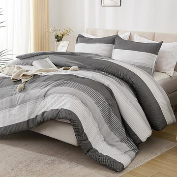 Litanika Dark Grey Bed Comforter Set Twin/Twin XL Size, 2 Pieces Lightweight Striped Bedding Comforter Set, Soft All Season Down Alternative Comforter (1 Comforter, 1 Pillowcase)