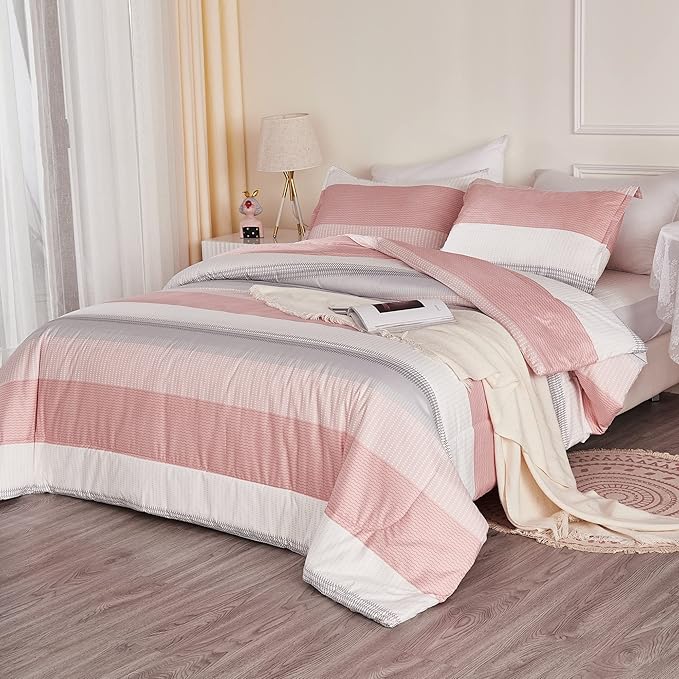 Litanika Pink King Size Comforter Set, 3 Pieces Blush White Colorblock Lightweight Bedding Comforter Set
