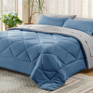 Bedsure Blue California King Comforter Set - 7 Pieces Reversible Bed Set Bed in a Bag California King with Comforters, Sheets, Pillowcases & Shams, California King Bedding Sets