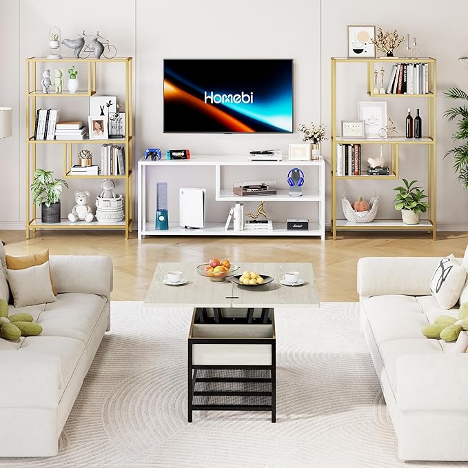 HOME BI Geometric Bookshelf, Tall Modern Etagere Bookcase, Industrial Metal Book Shelf with 5 Open Display Shelves for Office Living Room, Gold and White