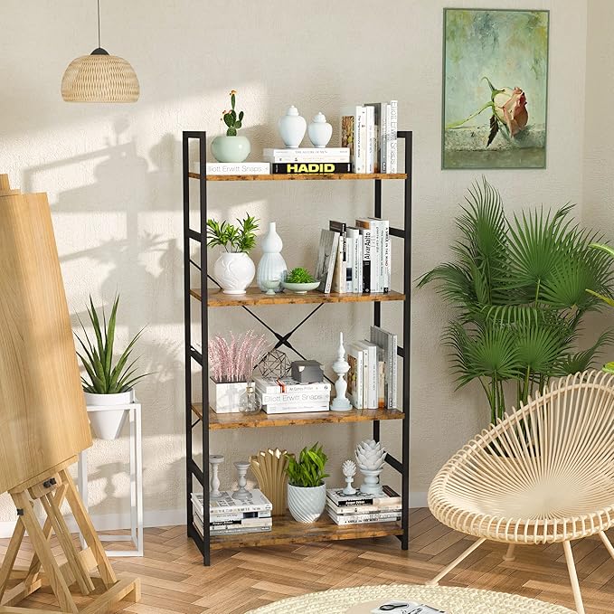 NUMENN 4 Tier Bookshelf, Tall Bookcase Shelf Storage Organizer, Modern Book Shelf for Bedroom, Living Room and Home Office, Vintage