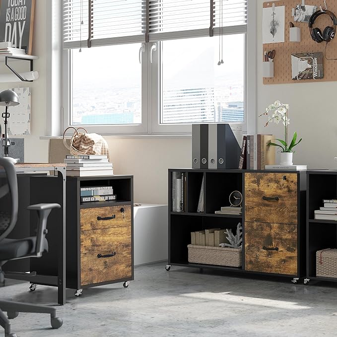 Yaheetech File Cabinet, Under Desk Vertical Cabinet With 2 Drawers and Open Compartment, Printer Stand with Lockable Wheels for A4 Letter Size Hangable File Folders for Home Office(Black/Rustic Brown)