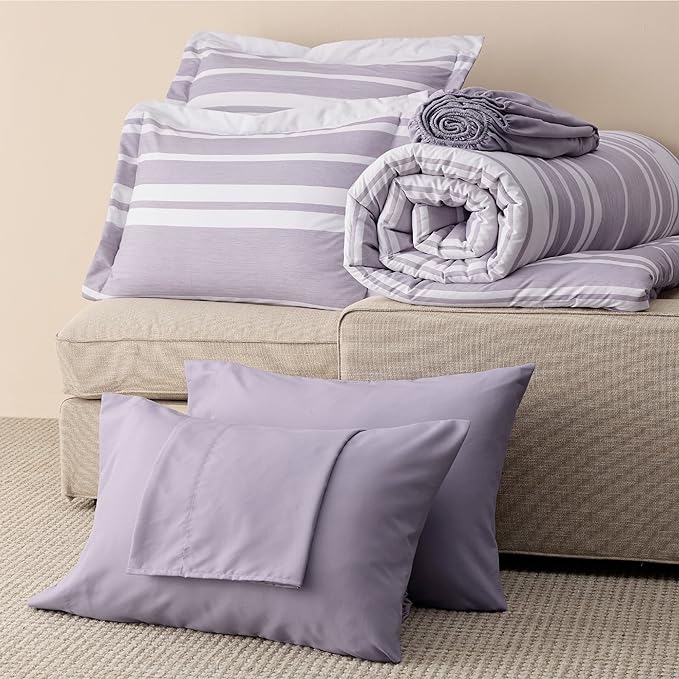 Bedsure Bed in a Bag Twin Size 5 Pieces, Purple White Striped Bedding Comforter Sets All Season Bed Set with 1 Pillow Sham, Flat Sheet, Fitted Sheet and 1 Pillowcase