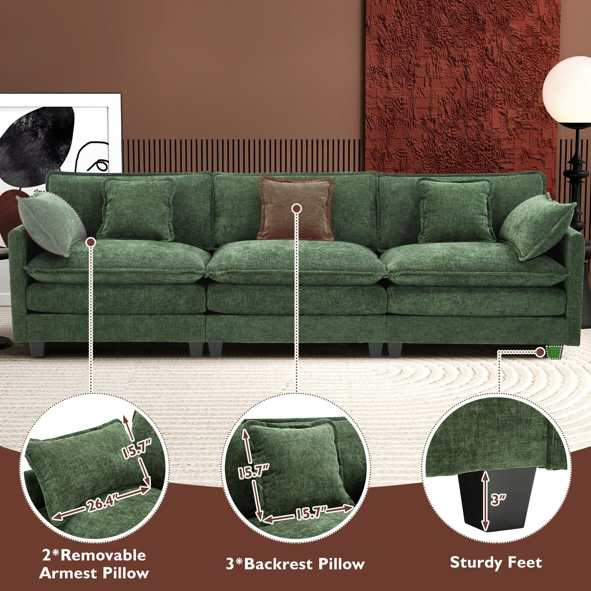 Ihanherry 111.4" L Shaped Modern Sofa Modular Sectional Cloud Couch with Ottoman, 4-Seat Chenille Deep Seat Sofa with Pillow for Living Room, Bedroom and Apartment, Beige