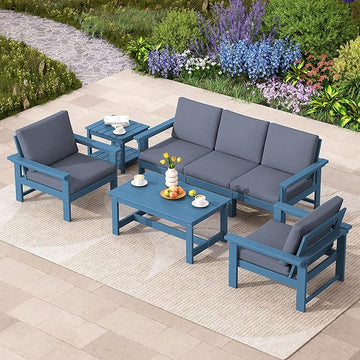 SERWALL HDPE Patio Coversation Set, 7-piece Outdoor Sectional Sofa Set, All Weather Patio Couch Set Patio Furniture for Balcony, Deck, Navy Frame with Grey Cushion