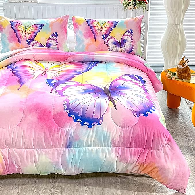 CVHOUSE Butterfly Bedding Set,Butterfly Comforter Twin,Butterfly Comforter Set for Girls Kids Teens,Butterflies Quilt Set with 1 Comforter and 2 Pillow Cases