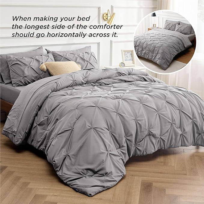Bedsure California King Comforter Set - Cal King Bed Set 7 Pieces, Pinch Pleat Grey Cali King Bedding Set with Comforter, Sheets, Pillowcases & Shams