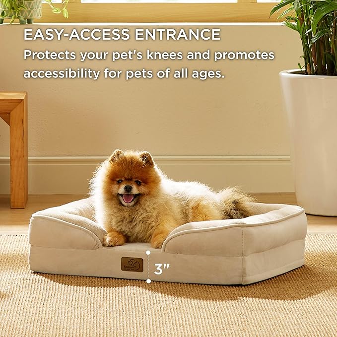 Bedsure Small Orthopedic Dog Bed - Washable Bolster Dog Sofa Beds for Small Dogs, Supportive Foam Pet Couch Bed with Removable Washable Cover, Waterproof Lining and Nonskid Bottom Couch, Light Khaki
