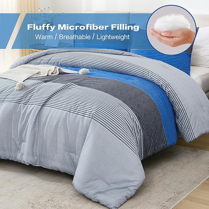 Litanika Bed Comforter King Set Grey Blue, Striped Bedding Comforter Set, 3 Pieces Lightweight Soft All Season Down Alternative Comforter (1 Comforter, 2 Pillowcases)