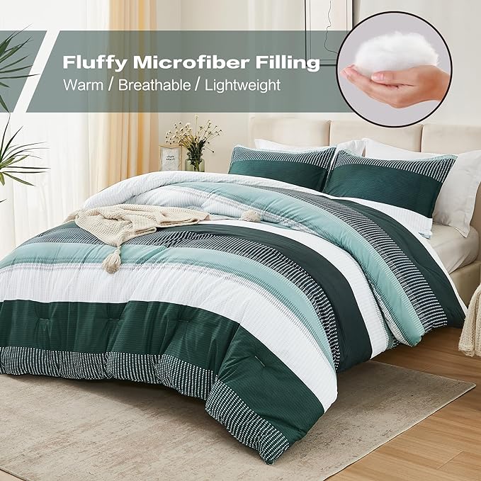 Litanika Dark Emerald Green Bed Comforter Twin/Twin XL Set, 2 Pieces Twin Extra Long Size Boys Men Forest Bedding Set, Single Colorblock Striped Bed Set