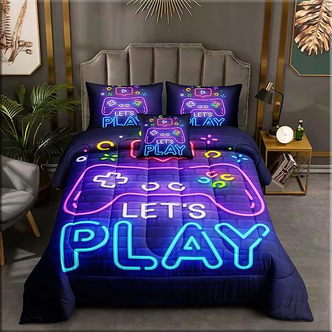5 Pieces Gamer Bedding Set for Boys Gaming Comforter Twin Size, Game Controller Comforter for Teen 3D Gamepad Microfiber 5 Piece Bed in A Bag Kids Bedding Sets with Sheets,DJT H5030 Twin