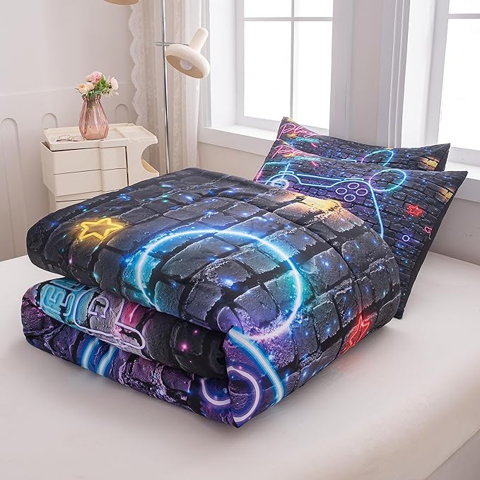 Full Size Comforter Set for Boys, Gamer Bedding Set, 3 Pieces, Gamepad 06, Polyester, All Seasons, Machine Wash