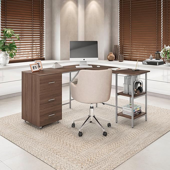 Techni Mobili L Shaped Desk - Two-Toned Computer Desk with Drawers & Storage Shelves - Simple Modern Furniture & Home Office Space Corner Table for Work & Writing